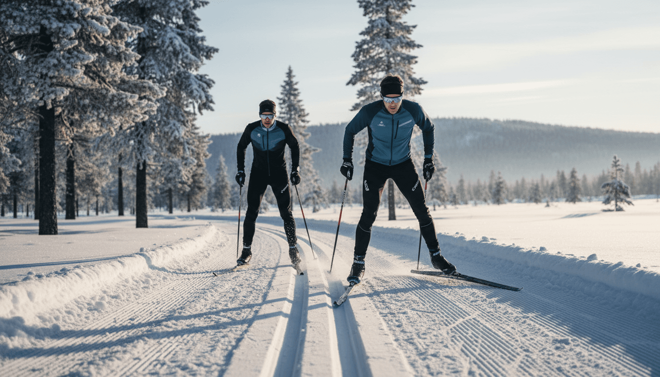 Twin cross-country skiers racing together on a snow-covered trail in winter landscape