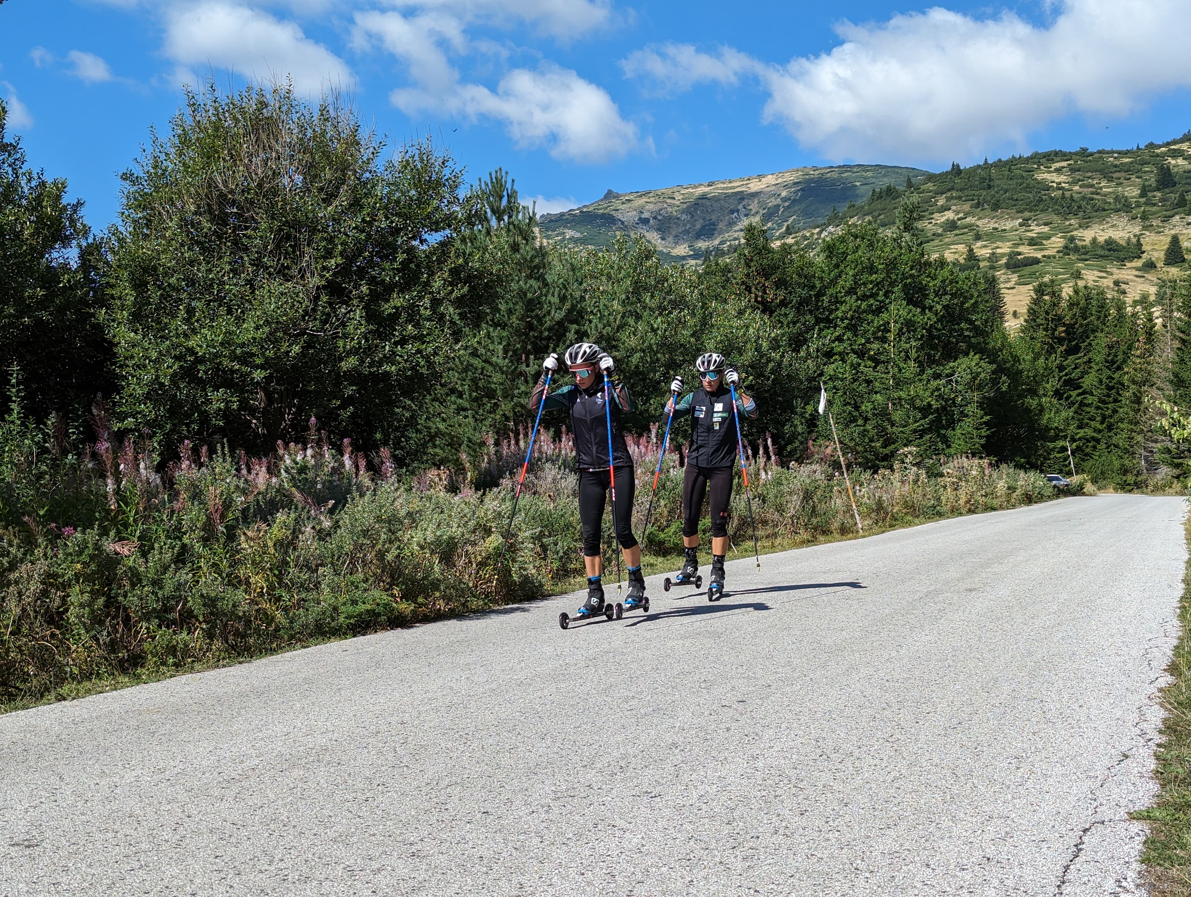 Two athletes roller skiing on a paved road through a lush, green mountainous landscape.