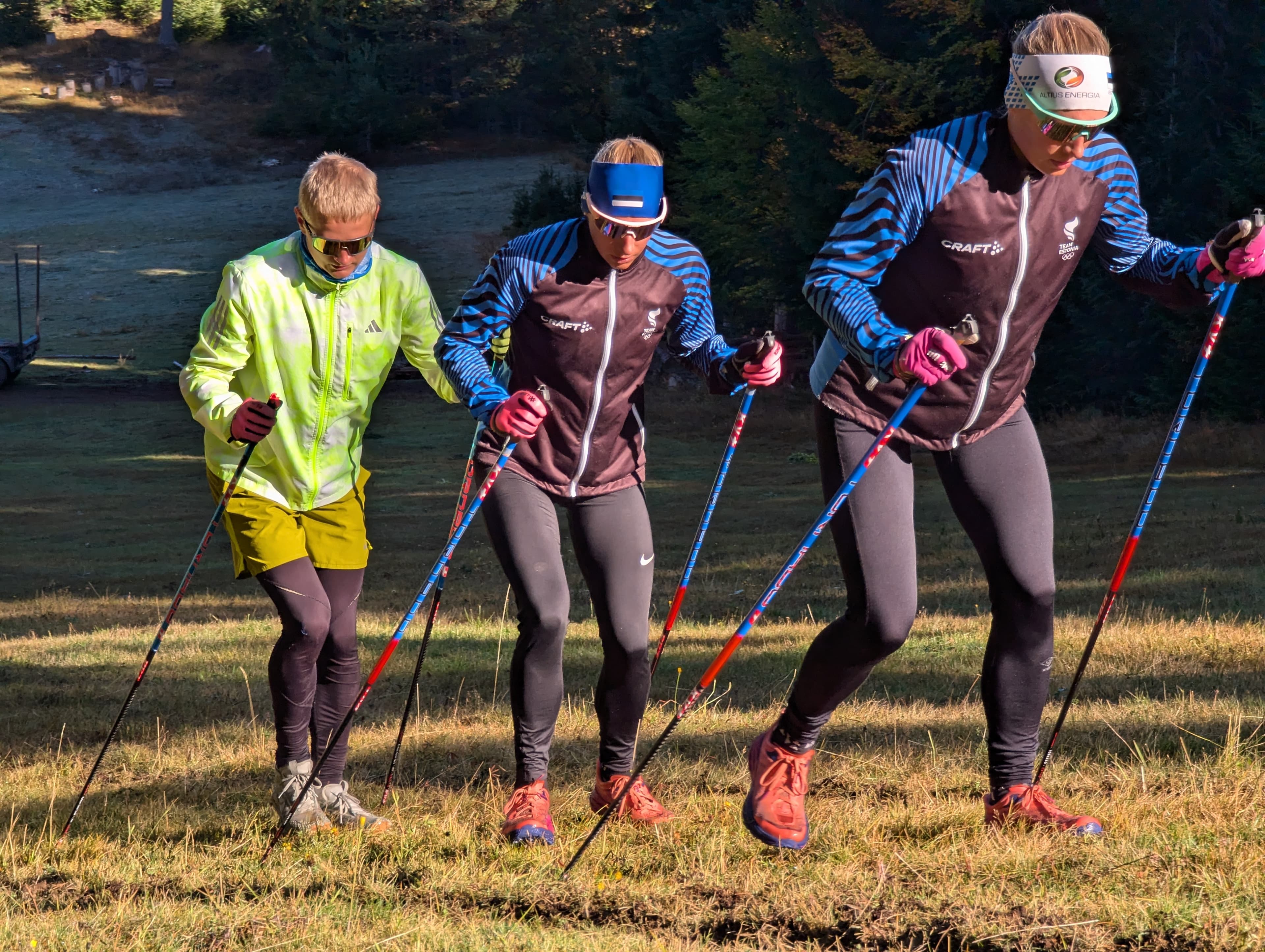 Three people in athletic gear use trekking poles to hike up a grassy hillside.